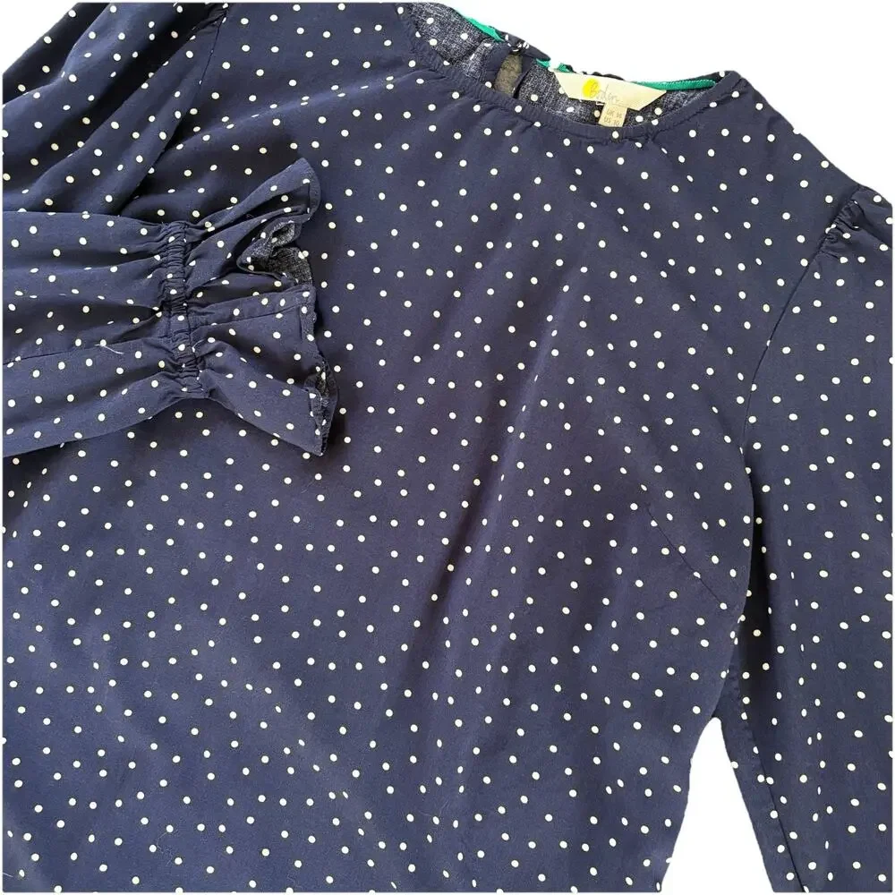 Boden Women's 100% Viscose Navy with White Polka Dot Long Puff Sleeve Blouse